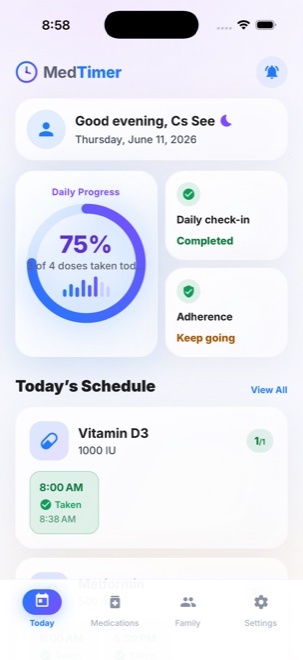 MedTimer Today screen showing daily progress